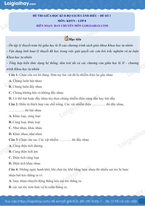 Đề thi giữa học kì 2 KHTN 8 Cánh diều - Đề số 1